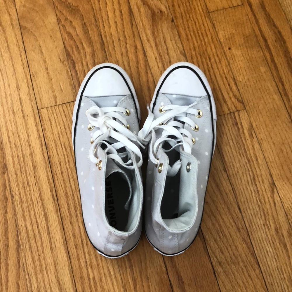Gray and white polka dot high top Converse
